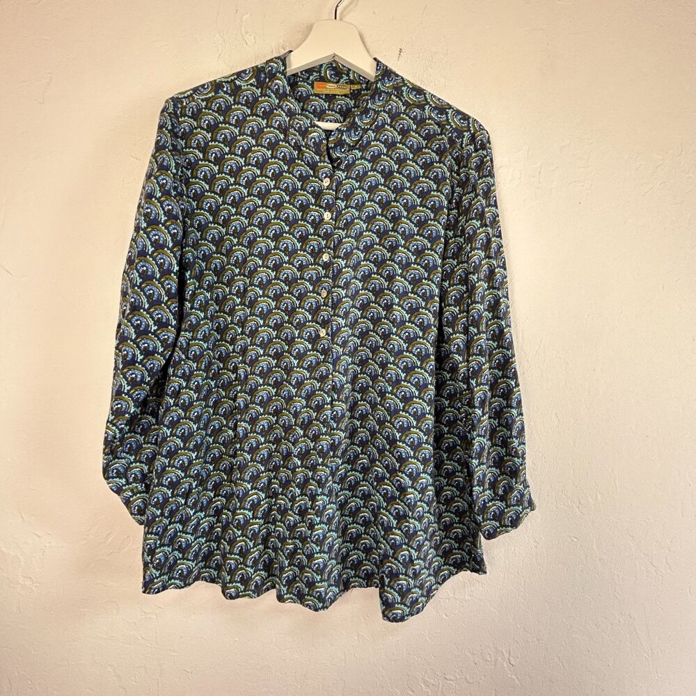 Rock Flower Paper Popover Shirt Small Blue Green Pattern Rayon Half Button Tunic